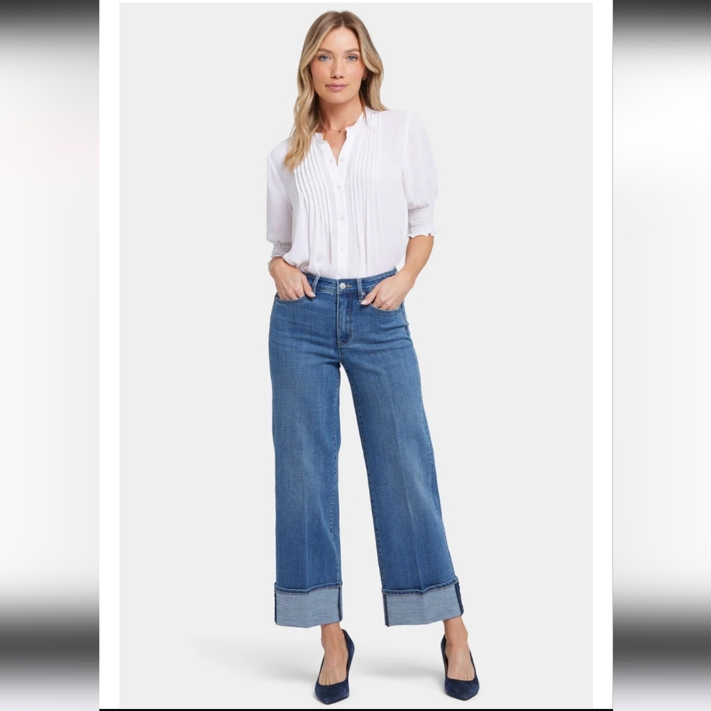 NYDJ Teresa Wide Leg Jeans Cuffed Cuff Stretch Stillwater Lake Wash Size 8 LN